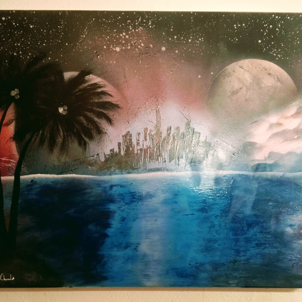 Abstract Cityscape Canvas Art with Palm Tree